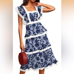NWOT Floral Blue and White Tiered Dress